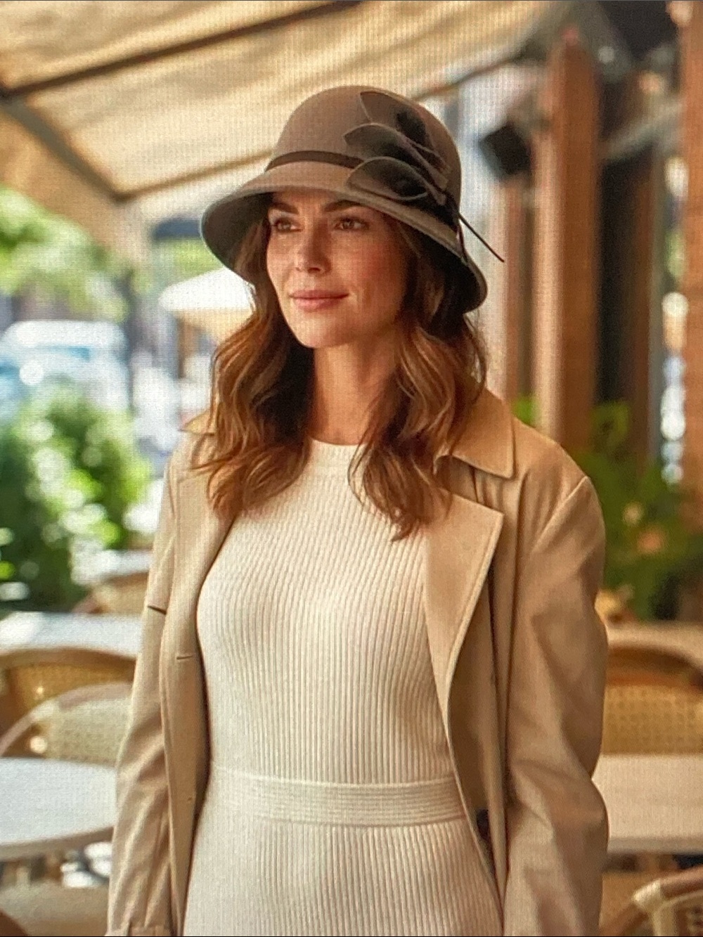 Women's Beige Wool Cloche Hat with Floral Accent